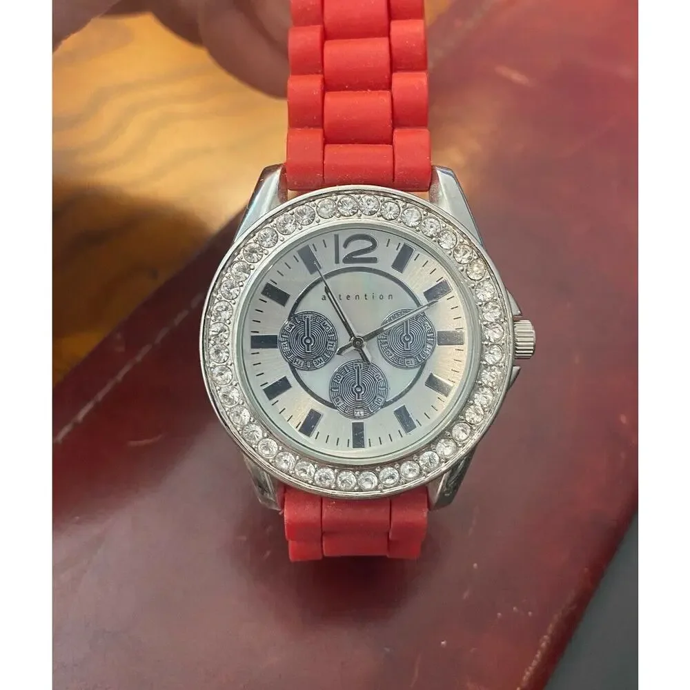 Women's 40mm Silver Tone Attention Watch, Crystal  Accents, Red Poly Band